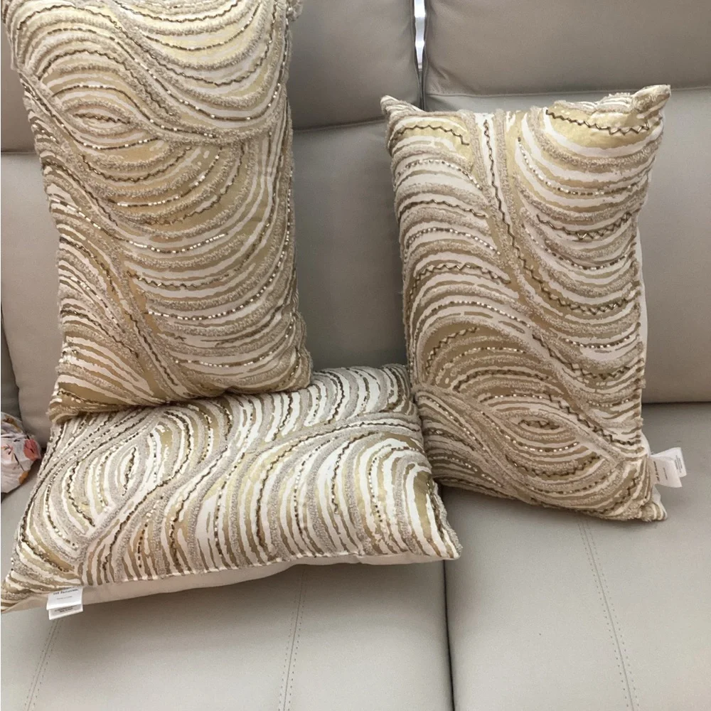 Gold Wave-Texture Decorative Throw Pillows - Set of 3